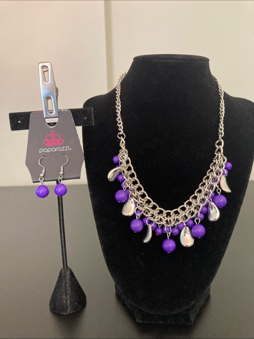 paparazzi Purple Bead and Silver-Tone Chain Statement Necklace and Earring Set
